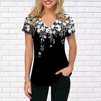 Женские топы с v-образным вырезом и короткими рукавами подсолнечника, белые цветочные занавески с принтом, свободная футболка, повседневная блузка XS белый