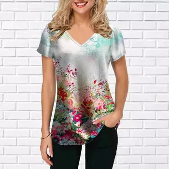 Женские топы с V-образным вырезом и коротким рукавом с принтом «Подсолнух», свободная футболка, повседневная блузка XS красный