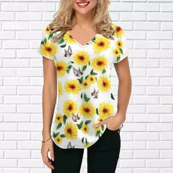 Женские топы с v-образным вырезом и коротким рукавом с принтом подсолнечника и хризантемы, свободная футболка, повседневная блузка XS синий