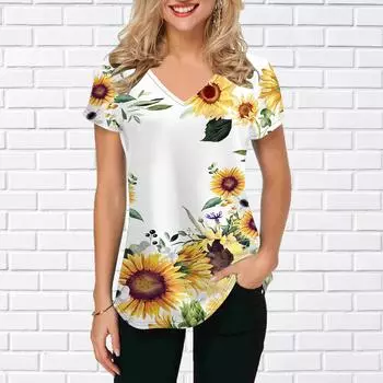 Женские топы с V-образным вырезом и коротким рукавом с принтом подсолнухов, свободная футболка, повседневная блузка XS белый