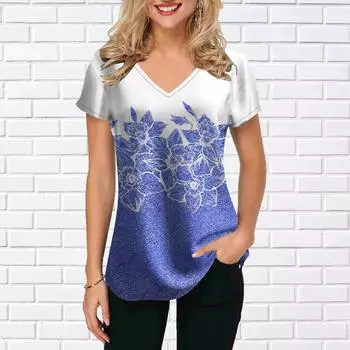 Женские топы с v-образным вырезом и короткими рукавами, подсолнечник, синие цветы, принт, свободная футболка, повседневная блузка XS синий