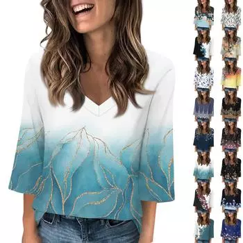 Женские топы с v-образным вырезом и рукавами 3/4, повседневные футболки, базовые летние футболки, свободный крой, осенний пуловер, туника L