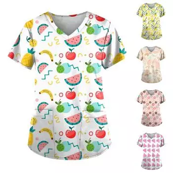 Женские топы с v-образным вырезом и короткими рукавами с принтом, рабочая блузка с карманами и фруктовым принтом XXXXXL зелёный
