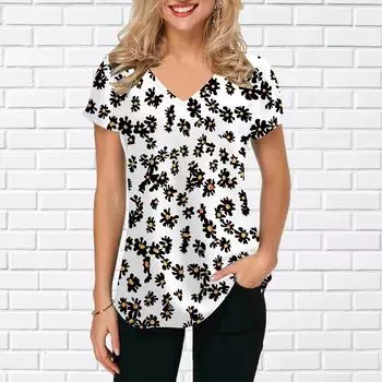 Женские топы с V-образным вырезом и коротким рукавом с принтом подсолнечника, плюмерии, рубры, свободная футболка, повседневная блузка XS розовый