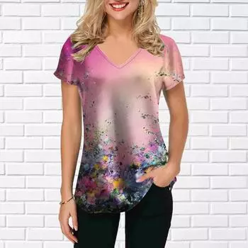 Женские топы с v-образным вырезом и короткими рукавами, подсолнечник, розовый цветок, морской принт, свободная футболка, повседневная блузка XS красный