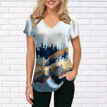 Женские топы с v-образным вырезом и короткими рукавами, подсолнухи, высокие хребты и высокие горы, с принтом, свободная футболка, повседневная блузка XS фиолетовый