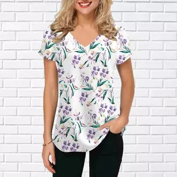 Женские топы с V-образным вырезом и коротким рукавом с принтом подсолнухов и фиолетовых цветов, свободная футболка, повседневная блузка XS красный