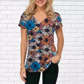 Женские топы с v-образным вырезом и короткими рукавами подсолнечника, сушеные цветы, свободная футболка, повседневная блузка XS разноцветный