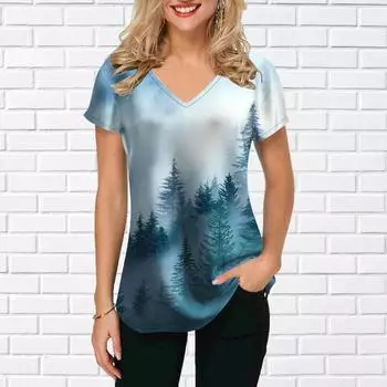 Женские топы с V-образным вырезом и коротким рукавом с принтом подсолнечника и леса, свободная футболка, повседневная блузка XS зелёный