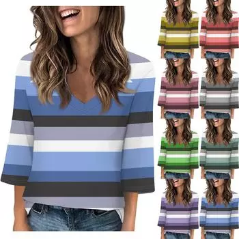 Женские топы с V-образным вырезом и рукавами 3/4, повседневные футболки, базовые летние футболки, свободный пуловер, топ L зелёный