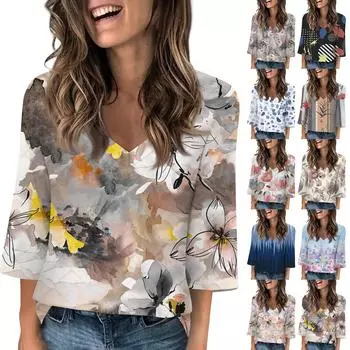 Женские топы с V-образным вырезом и рукавами 3/4, повседневные футболки, базовые летние футболки, свободный пуловер, топ L чёрный