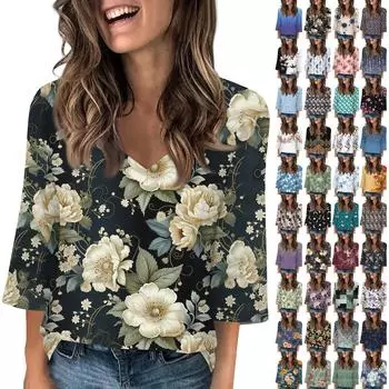 Женские топы с V-образным вырезом и рукавами 3/4, повседневные футболки, базовые летние футболки, свободный пуловер, топ XXL