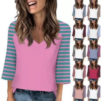 Женские топы с V-образным вырезом и рукавами 3/4, повседневные футболки, базовые летние футболки, свободный пуловер, топ L чёрный