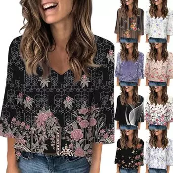 Женские топы с V-образным вырезом и рукавами 3/4, повседневные футболки, базовые летние футболки, свободный пуловер, топ L чёрный