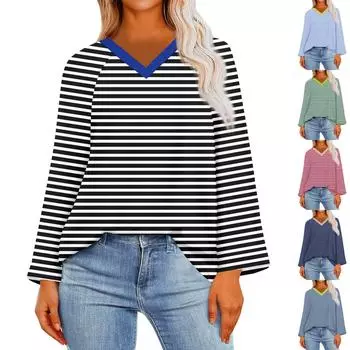 Женские топы с V-образным вырезом и длинным рукавом, повседневные футболки, базовые летние футболки, свободный крой, осенний пуловер, туника S зелёный