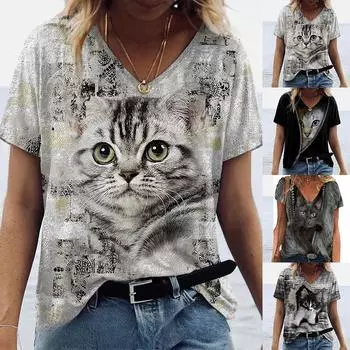 Женские топы с v-образным вырезом и короткими рукавами, серые топы с принтом кошек, свободная футболка, повседневная блузка S зелёный