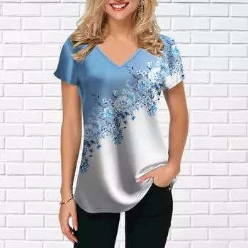 Женские топы с v-образным вырезом и короткими рукавами, подсолнух, синие гвоздики, свободная футболка, повседневная блузка XS синий