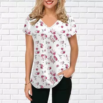 Женские топы с v-образным вырезом и коротким рукавом, подсолнечник, розовые розы, свободная футболка, повседневная блузка XS розовый