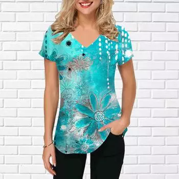 Женские топы с v-образным вырезом и короткими рукавами, цепочкой подсолнечника, бисером и цветочным принтом, свободная футболка, повседневная блузка XS красный