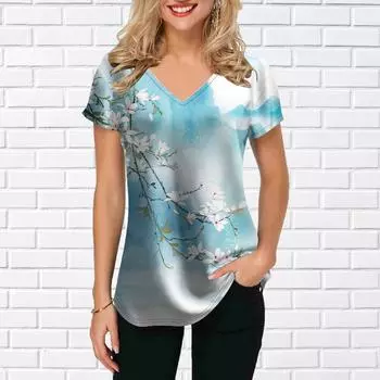 Женские топы с v-образным вырезом и короткими рукавами подсолнечника, красивые деревенские топы с принтом, свободная футболка, повседневная блузка XS синий