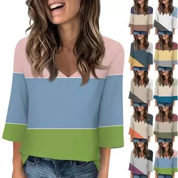 Женские топы с V-образным вырезом и рукавами 3/4, повседневные футболки, базовые летние футболки, свободный пуловер, топ L коричневый