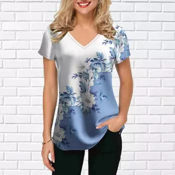 Женские топы с v-образным вырезом и коротким рукавом подсолнечника с колючим цветочным принтом, свободная футболка, повседневная блузка XS зелёный