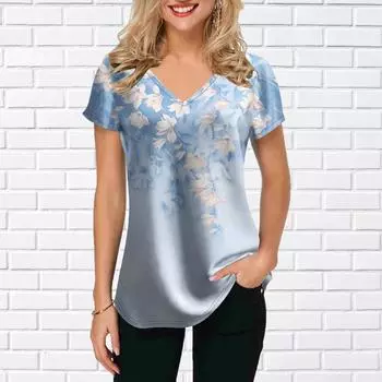 Женские топы с v-образным вырезом и коротким рукавом подсолнечника, китайский колокольчик с принтом, свободная футболка, повседневная блузка XS синий