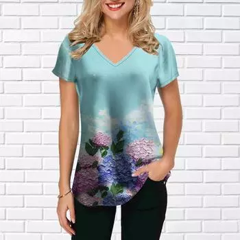 Женские топы с v-образным вырезом и коротким рукавом с принтом подсолнечника и гортензии, свободная футболка, повседневная блузка XS синий