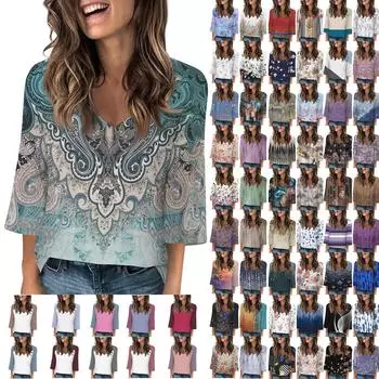 Женские топы с V-образным вырезом и рукавами 3/4, повседневные футболки, базовые летние футболки, свободный пуловер, топ L