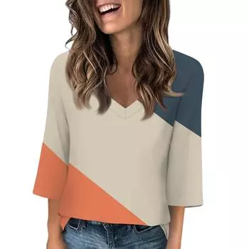 Женские топы с V-образным вырезом и рукавами 3/4, повседневные футболки, базовые летние футболки, свободный пуловер, топ L шафрановый