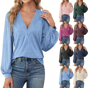 Женские топы с V-образным вырезом и длинными рукавами, повседневные осенние рубашки, свободные туники с пышными рукавами, модные топы, блузки S чёрный