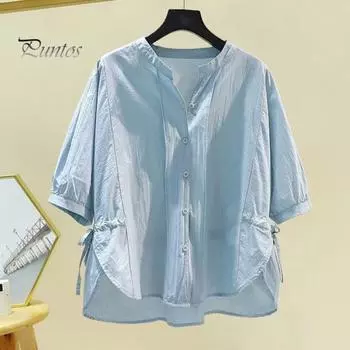 Женские топы с v-образным вырезом и половиной рукавов, рубашка на шнурке на талии, однотонная однобортная рубашка свободного покроя, топы, уличная одежда XL розовый