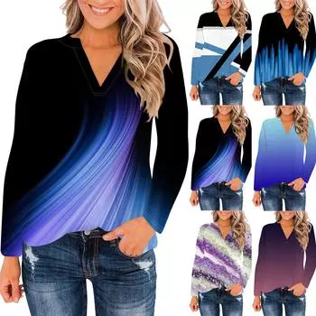 Женские топы с V-образным вырезом и длинным рукавом, повседневные футболки, свободные легкие туники, блузки, рубашки XXL