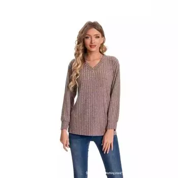 Женские топы с V-образным вырезом и длинными рукавами в рубчик 2024 года — европейская и американская мода осень/зима M чёрный