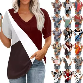 Женские топы с V-образным вырезом и коротким рукавом Блузки Повседневные модные принты Туники Топы с карманами XL бежевый