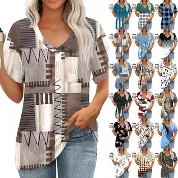 Женские топы с V-образным вырезом и коротким рукавом Блузки Повседневные модные принты Туники Топы с карманами L красный