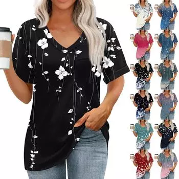 Женские топы с V-образным вырезом и коротким рукавом Блузки Повседневные модные принты Туники Топы с карманами S циан