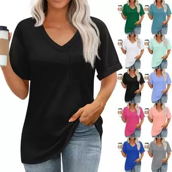 Женские топы с V-образным вырезом и коротким рукавом Блузки Повседневные модные принты Туники Топы с карманами L синий