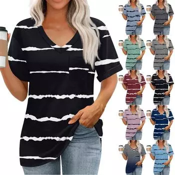 Женские топы с V-образным вырезом и коротким рукавом Блузки Повседневные модные принты Туники Топы с карманами XL