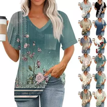 Женские топы с V-образным вырезом и коротким рукавом Блузки Повседневные модные принты Туники Топы с карманами XL синий