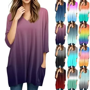 Женские топы с V-образным вырезом и рукавом 3/4 Блузки Повседневные рубашки средней длины Модные принты Туники Топы с карманами XXXL