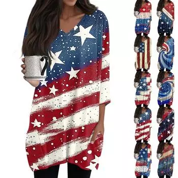 Женские топы с V-образным вырезом и рукавом 3/4, блузки, повседневные рубашки средней длины, модные туники с принтом «День независимости» и карманами M синий