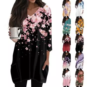 Женские топы с V-образным вырезом и рукавом 3/4 Блузки Повседневные рубашки средней длины Модные принты Туники Топы с карманами S
