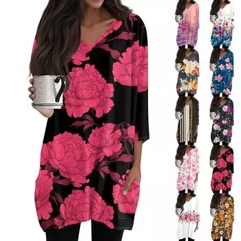 Женские топы с V-образным вырезом и рукавом 3/4 Блузки Повседневные рубашки средней длины Модные принты Туники Топы с карманами M розовый