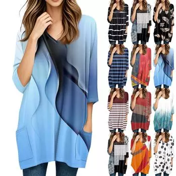 Женские топы с V-образным вырезом и рукавом 3/4 Блузки Повседневные рубашки средней длины Модные принты Туники Топы с карманами S чёрный