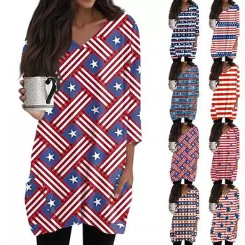 Женские топы с V-образным вырезом и рукавом 3/4 Блузки Повседневные рубашки средней длины Модные принты Туники Топы с карманами XXL винный