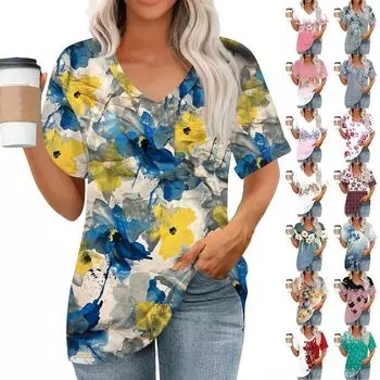 Женские топы с V-образным вырезом и коротким рукавом Блузки Повседневные модные принты Туники Топы с карманами XXL красный