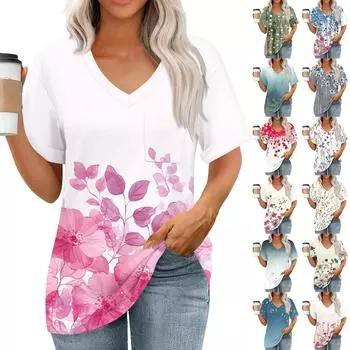 Женские топы с V-образным вырезом и коротким рукавом Блузки Повседневные модные принты Туники Топы с карманами XXL бежевый