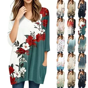 Женские топы с V-образным вырезом и рукавом 3/4 Блузки Повседневные рубашки средней длины Модные принты Туники Топы с карманами M
