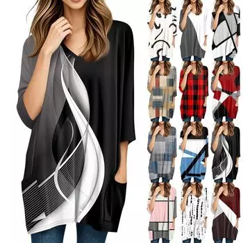 Женские топы с V-образным вырезом и рукавом 3/4 Блузки Повседневные рубашки средней длины Модные принты Туники Топы с карманами M